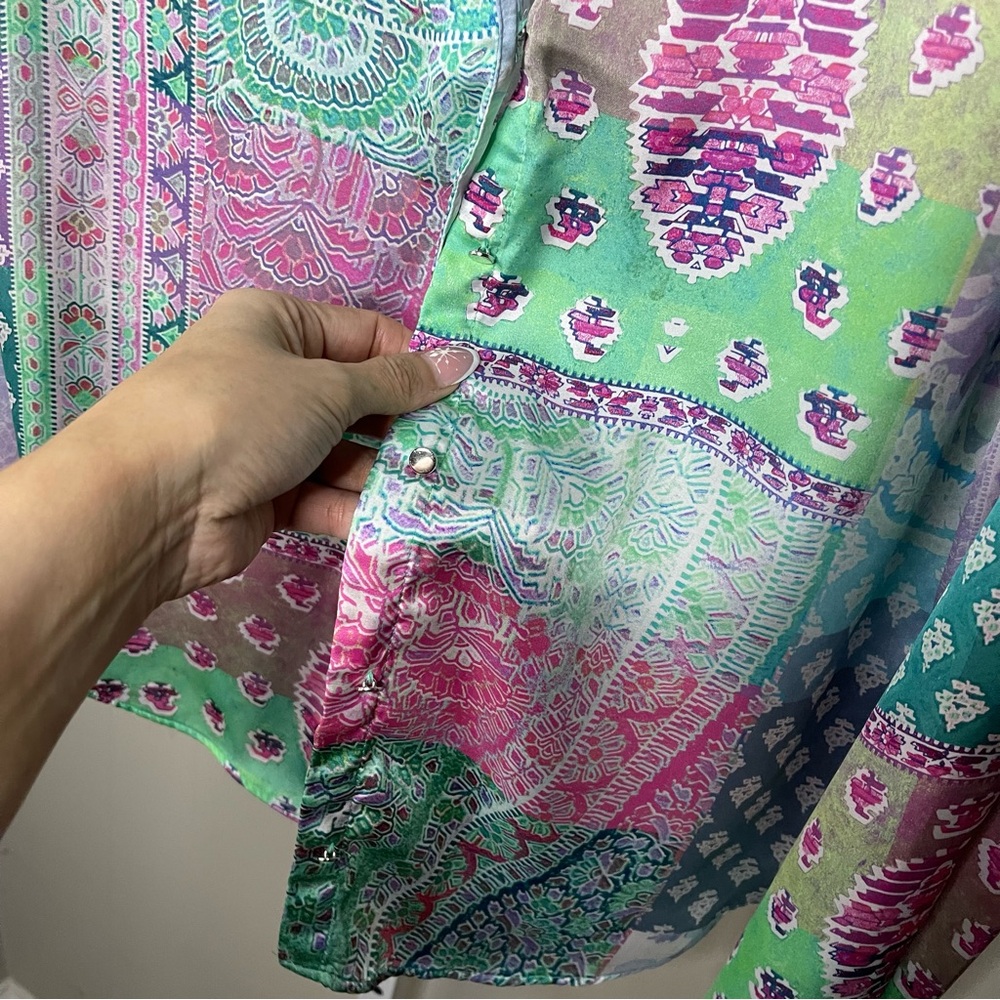 ZARA Patchwork Print Button Up Blouse Boho Long S… - image 3